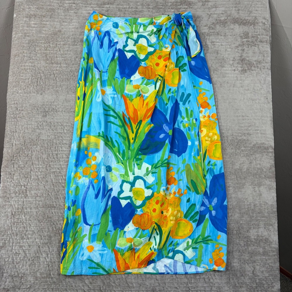 Jams World Wonderland Floral Wrap Skirt Blue Orange Rayon Made in Hawaii Large
